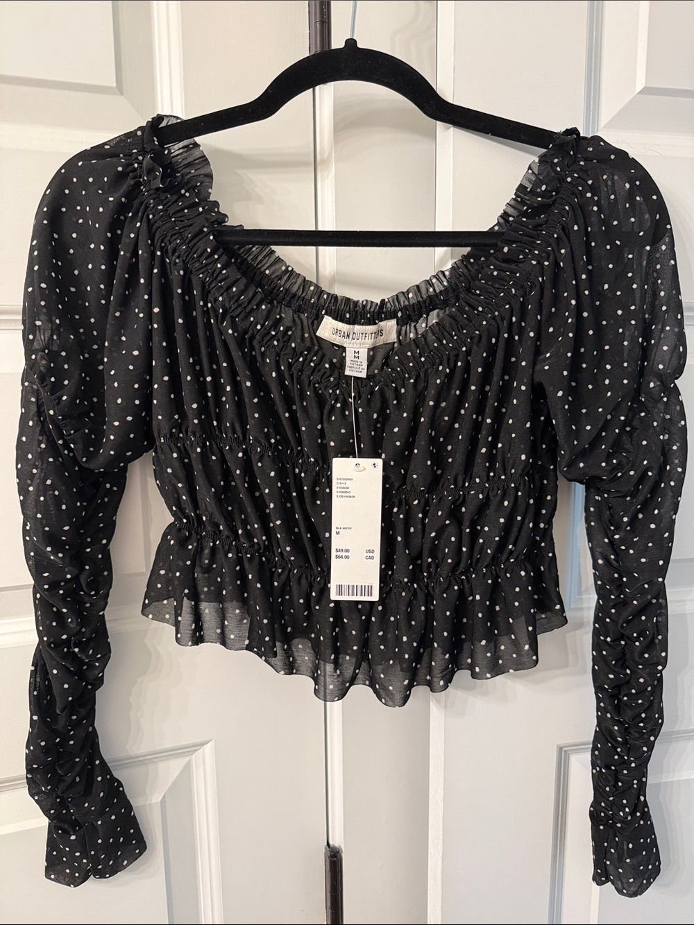 Urban Outfitters Black Polka Dot Smocked Peplum Blouse